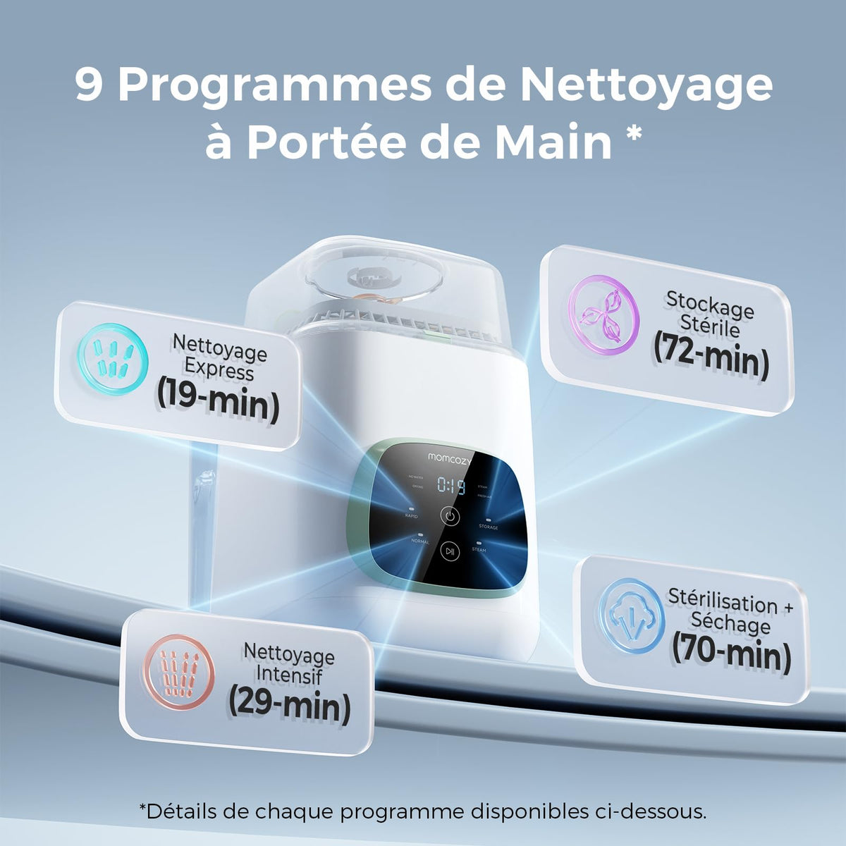 Lave-Biberons Haute Pression 2,2 kPa 3 en 1 Nettoyage Stérilisation Vapeur Séchage 19 min 9 Programmes 4 Biberons 60 Pastilles