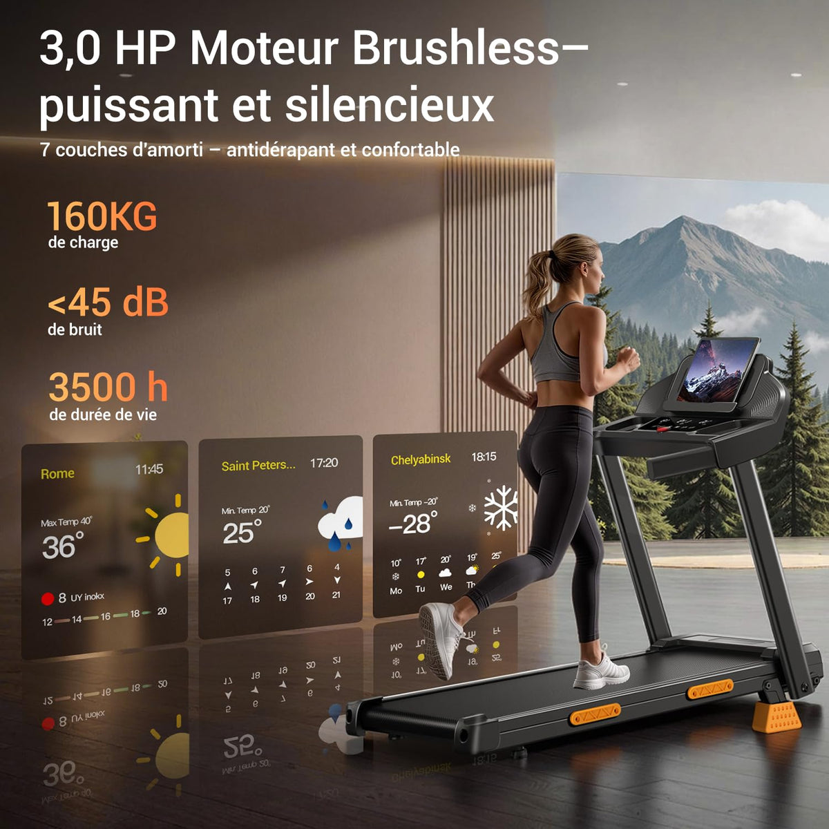Tapis de course pliable inclinable 12 km/h 15 % 136 kg écran LED 12 programmes amortissement