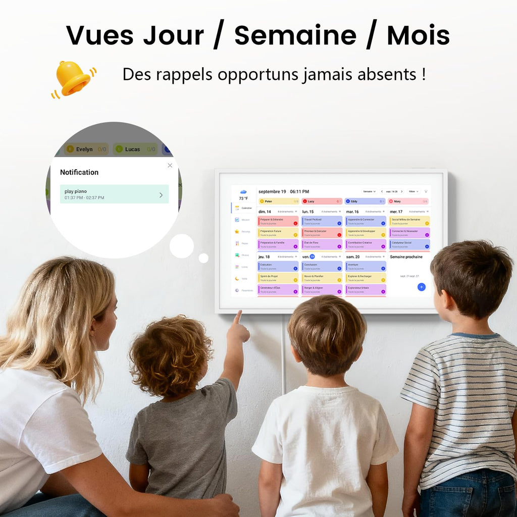 Calendrier numérique mural 15,6 pouces tactile WiFi organisateur familial synchronisation Google iCloud Outlook tableau de récompense enfant