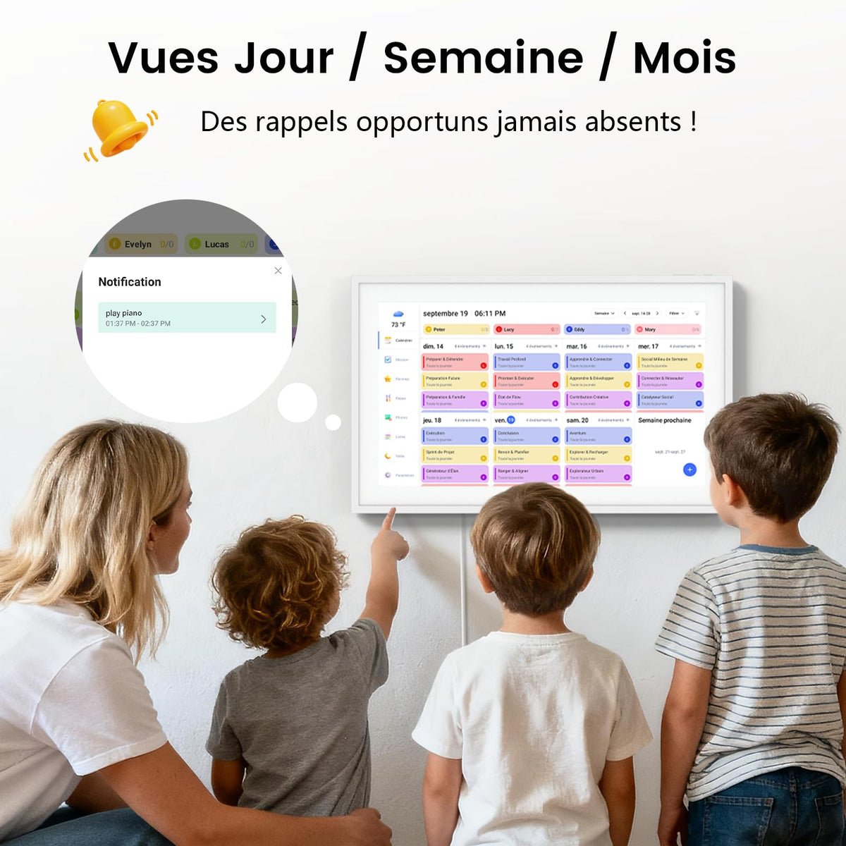 Calendrier numérique mural 15,6 pouces tactile WiFi organisateur familial synchronisation Google iCloud Outlook tableau de récompense enfant