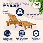 Chaise longue de jardin pliante en bois d'acacia avec roues et dossier réglable lot de 2 195 x 69 x 85 cm