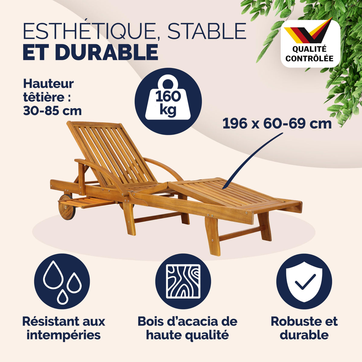 Chaise longue de jardin pliante en bois d'acacia avec roues et dossier réglable lot de 2 195 x 69 x 85 cm