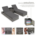 Set de 2 bains de soleil avec table 403088 dossier réglable 5 positions résine tressée aluminium housses de protection