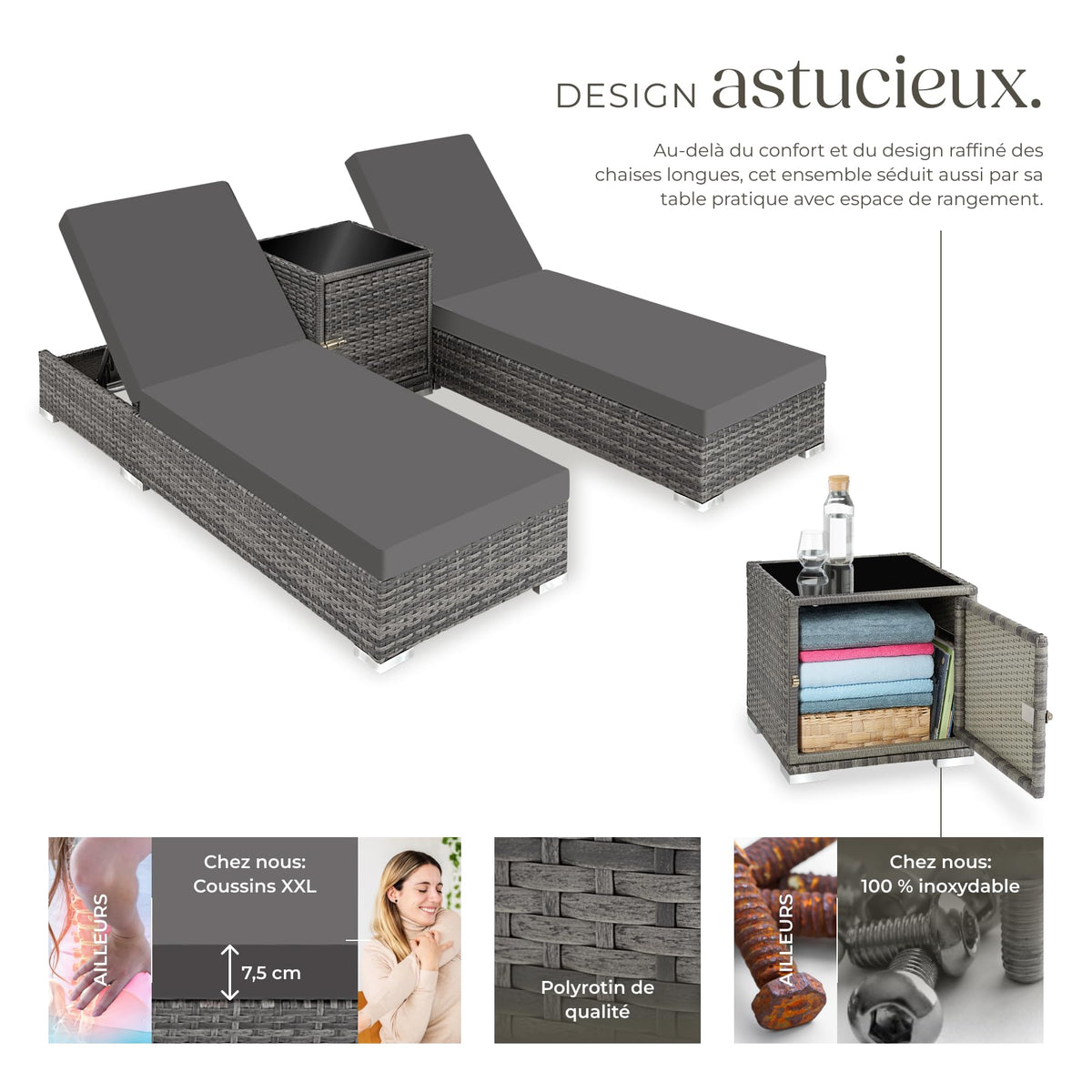 Set de 2 bains de soleil avec table 403088 dossier réglable 5 positions résine tressée aluminium housses de protection