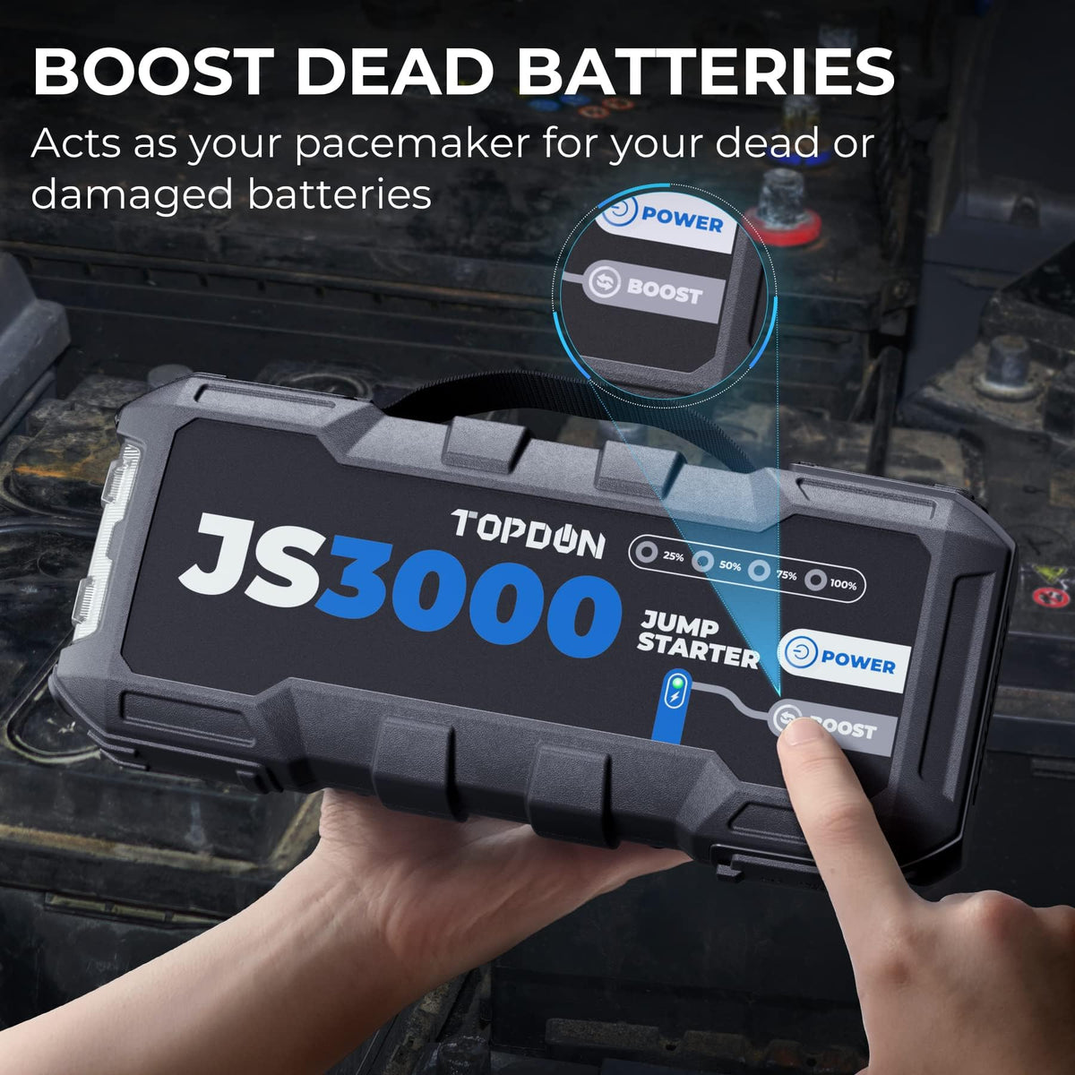Booster de batterie JS3000 3000 A 24000 mAh 12 V pour moteurs essence jusqu'à 9 L et diesel jusqu'à 9 L