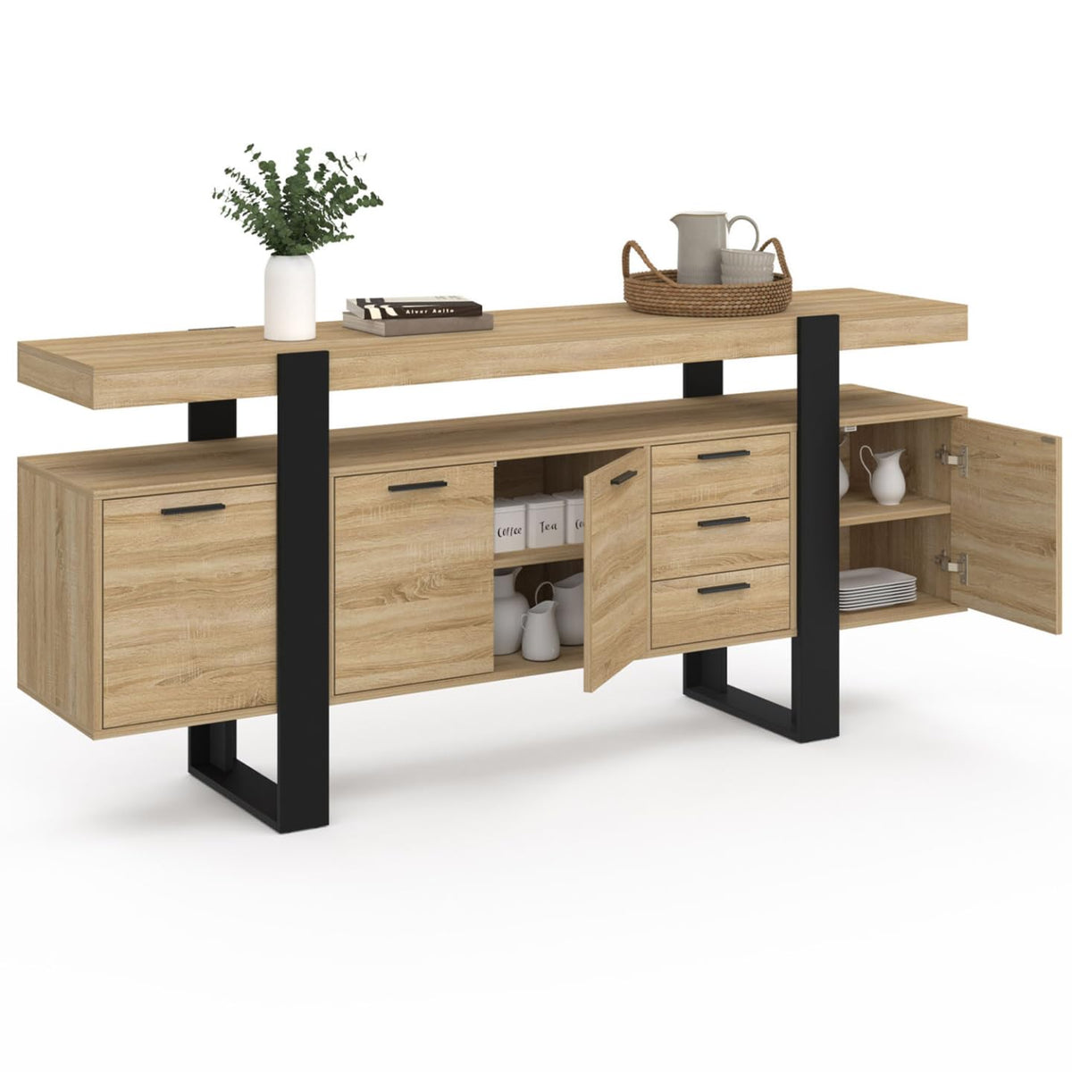 Buffet 180 cm Phoenix XXL 4 Portes 3 Tiroirs Bois et Noir 180 x 40 x 80 cm Étagères Réglables