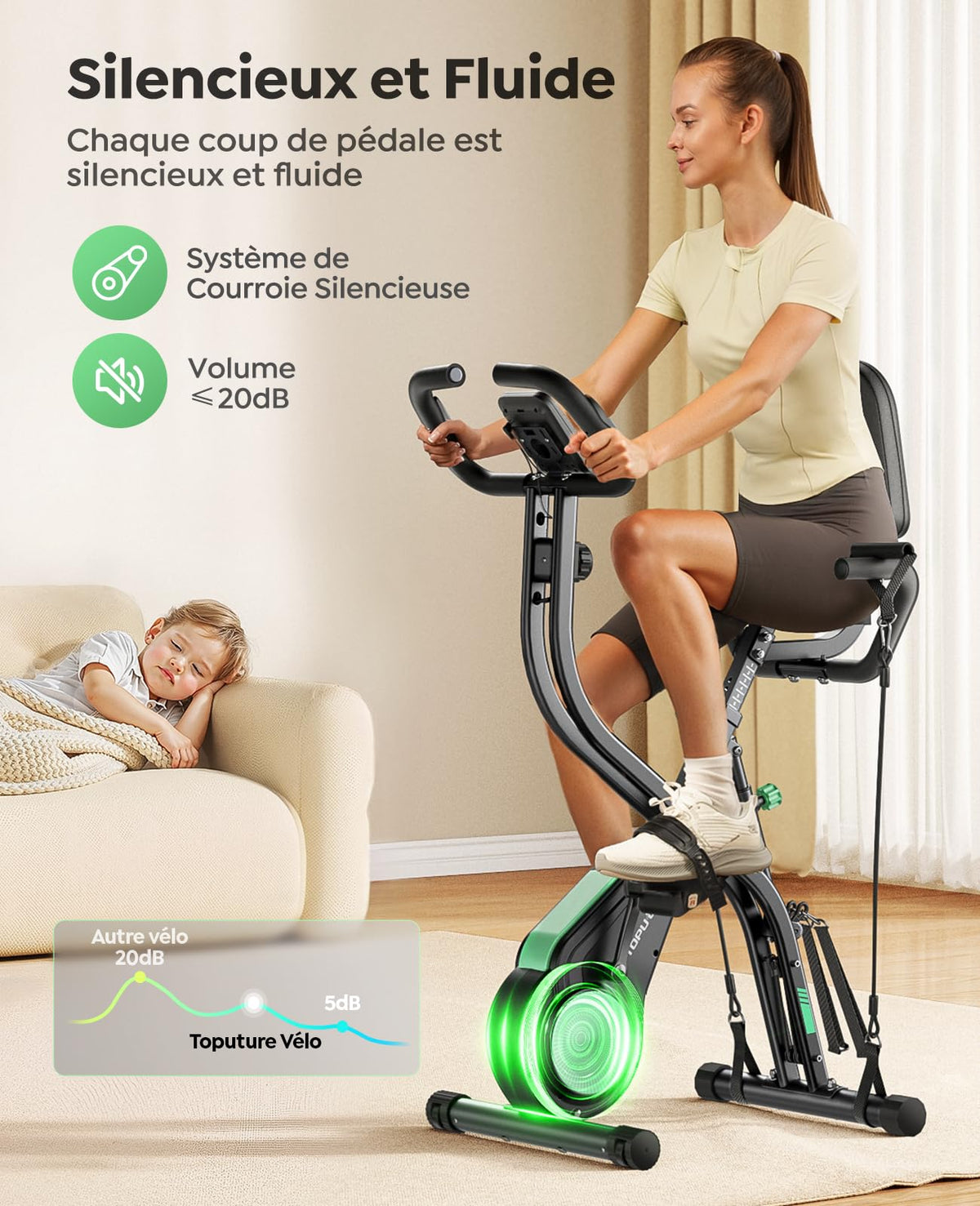 Vélo d’Appartement Pliable 5-en-1 TEB4 Résistance Magnétique 16 Niveaux Écran LCD Bluetooth Charge 140 kg 98,5 x 54 cm