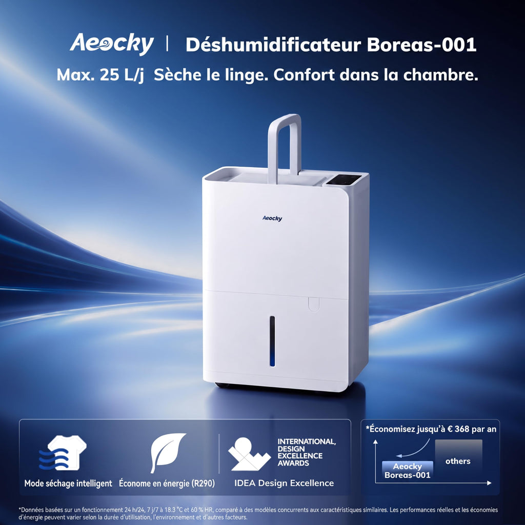 Déshumidificateur BOREAS-001 25 L/jour réservoir 2,7 L pour 50 m² drainage continu séchage du linge