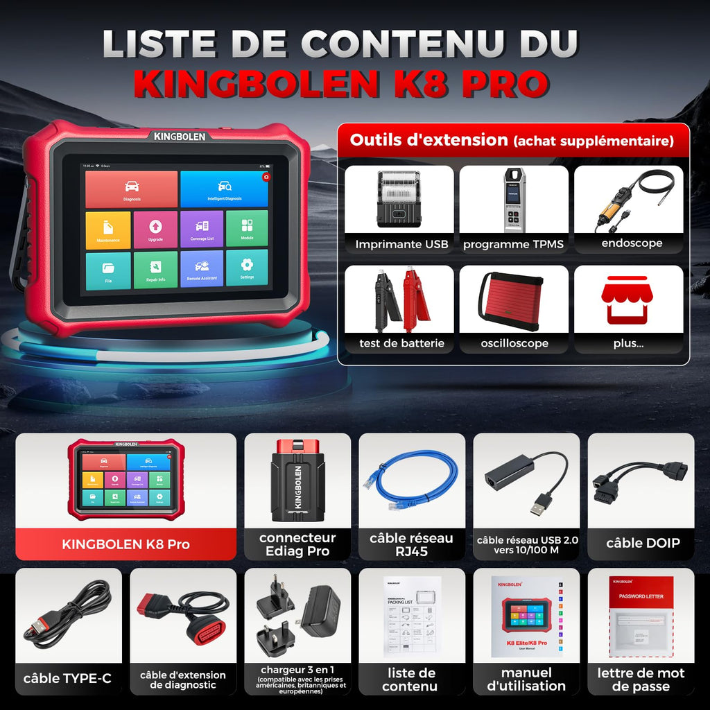 Valise Diagnostic Auto OBD2 KBLA04 Écran Tactile 8 Pouces Android 10 CAN FD DOIP Contrôle Bidirectionnel 42+ Fonctions Codage ECU