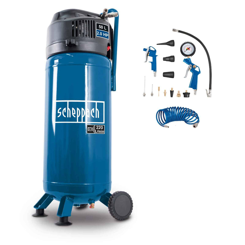 Compresseur d'air vertical sans huile HC51V 1500 W 50 L 10 bar débit 220 L/min tuyau d'air 8 m kit 13 accessoires