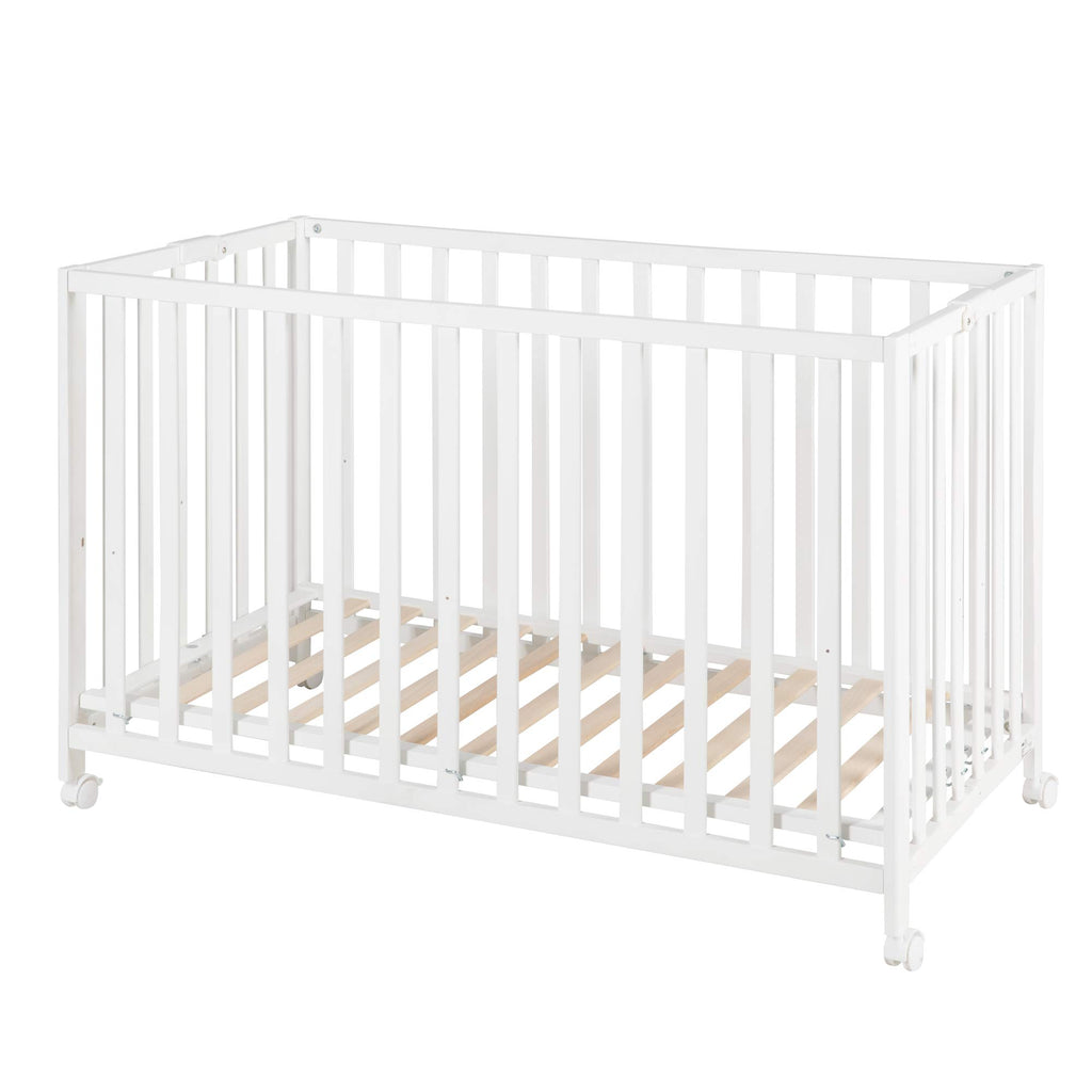 Lit Bébé Pliant Fold Up 287100WE 60 x 120 cm Hêtre 2 Niveaux Réglables 4 Roulettes à Freins Charge 40 kg Blanc