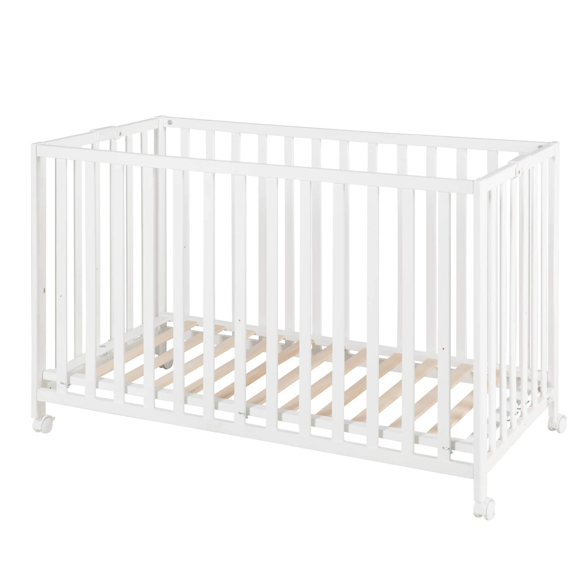 Lit Bébé Pliant Fold Up 287100WE 60 x 120 cm Hêtre 2 Niveaux Réglables 4 Roulettes à Freins Charge 40 kg Blanc