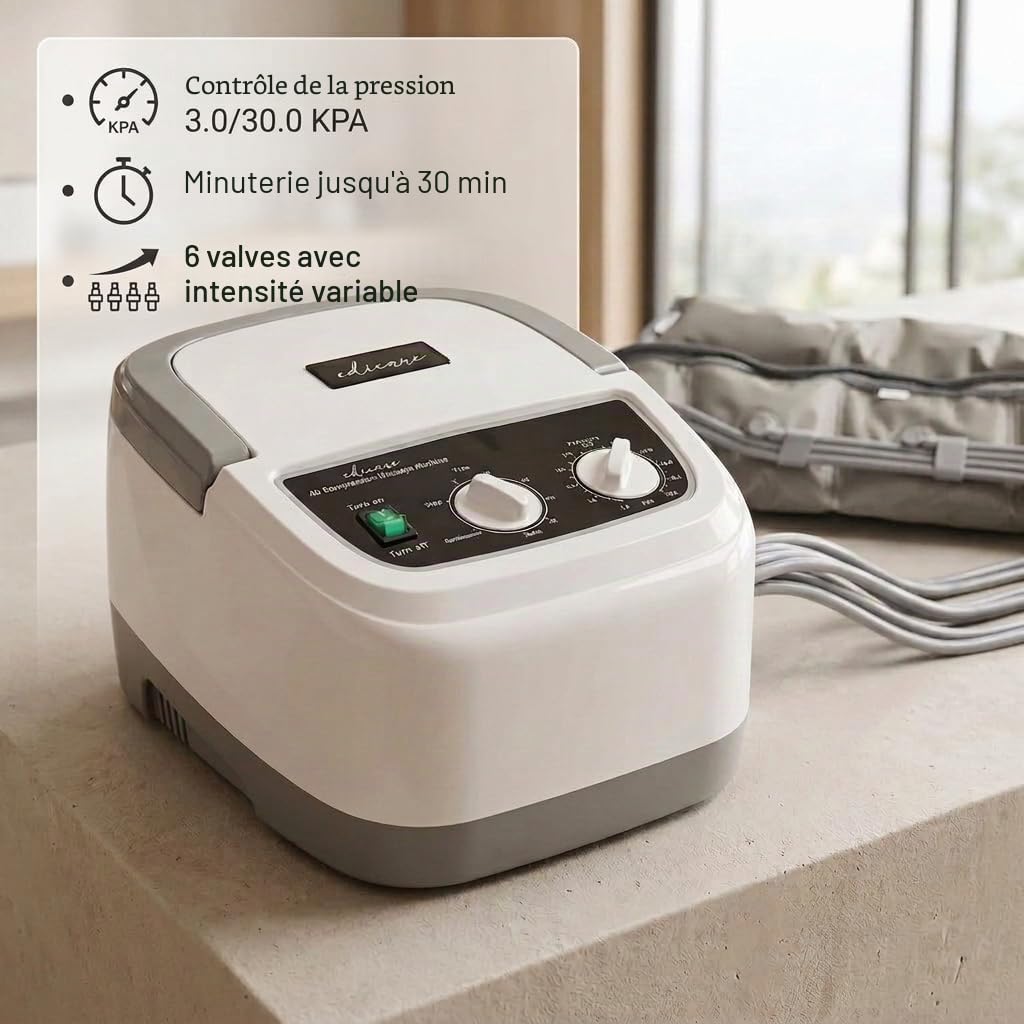 Appareil de pressothérapie pour jambes et pieds EDIC-0086 avec boucles de jambe et télécommande