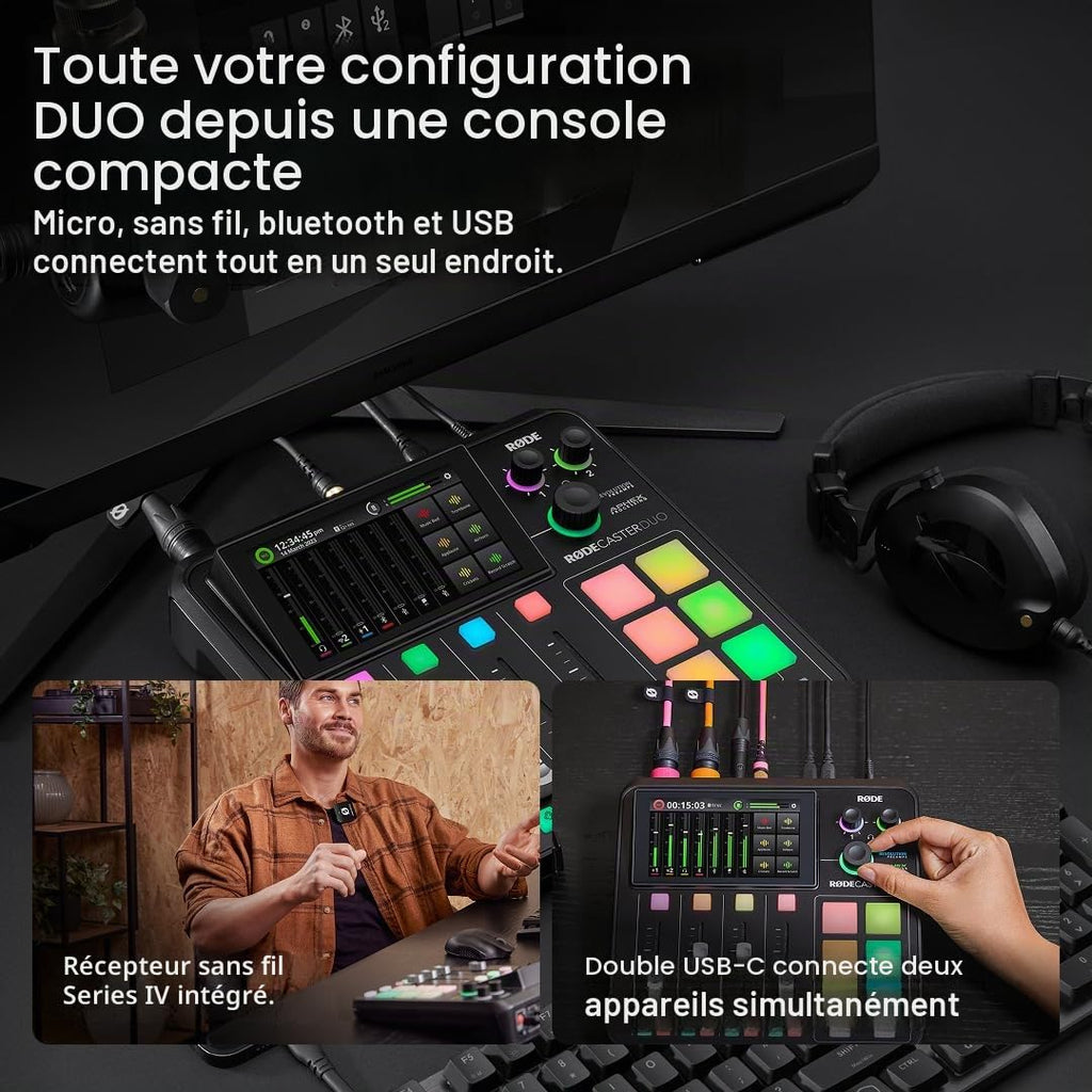 Console de production audio RØDECaster Duo 4 canaux USB-C Bluetooth 2 entrées combo 4 faders et 6 pads SMART