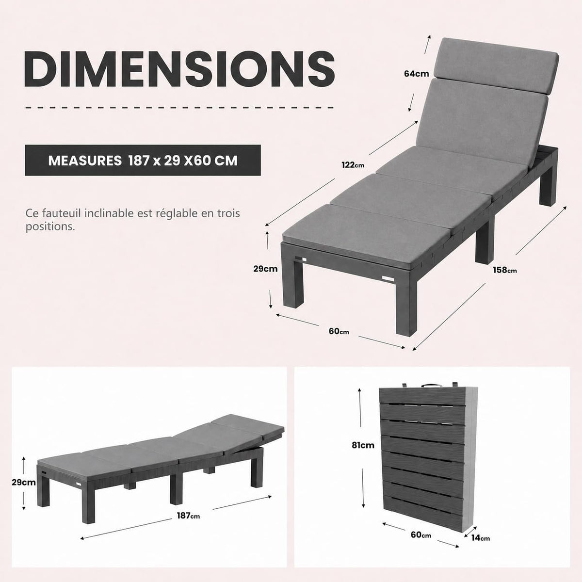 Lot de 2 Chaises Longues de Jardin BdsC2-2 Dossier Réglable 4 Positions Résine Gris 187 x 60 x 29 cm Charge 150 kg