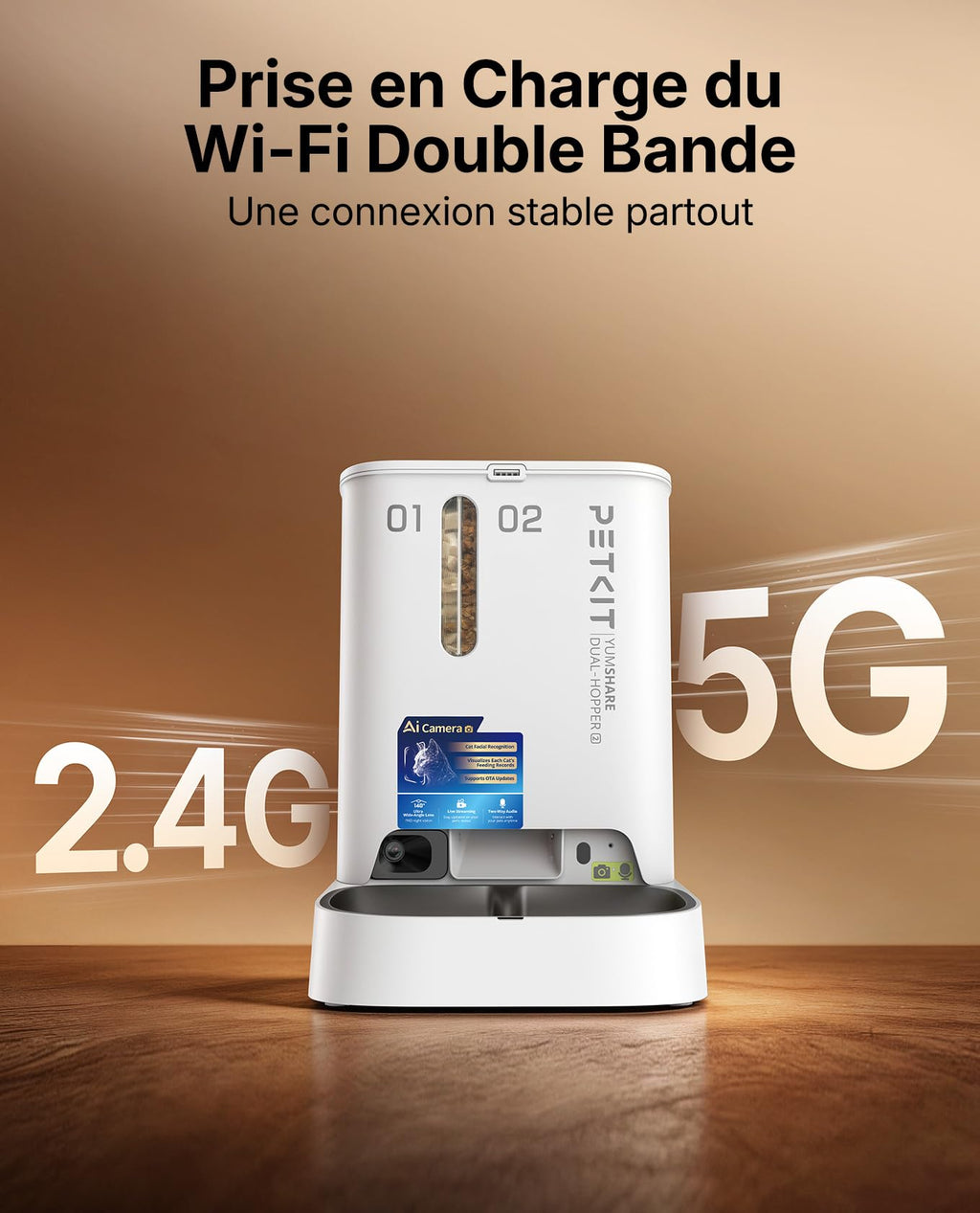 Distributeur automatique de croquettes pour chat 5 L double réservoir caméra HD 1080P reconnaissance faciale multi-chats Wi-Fi