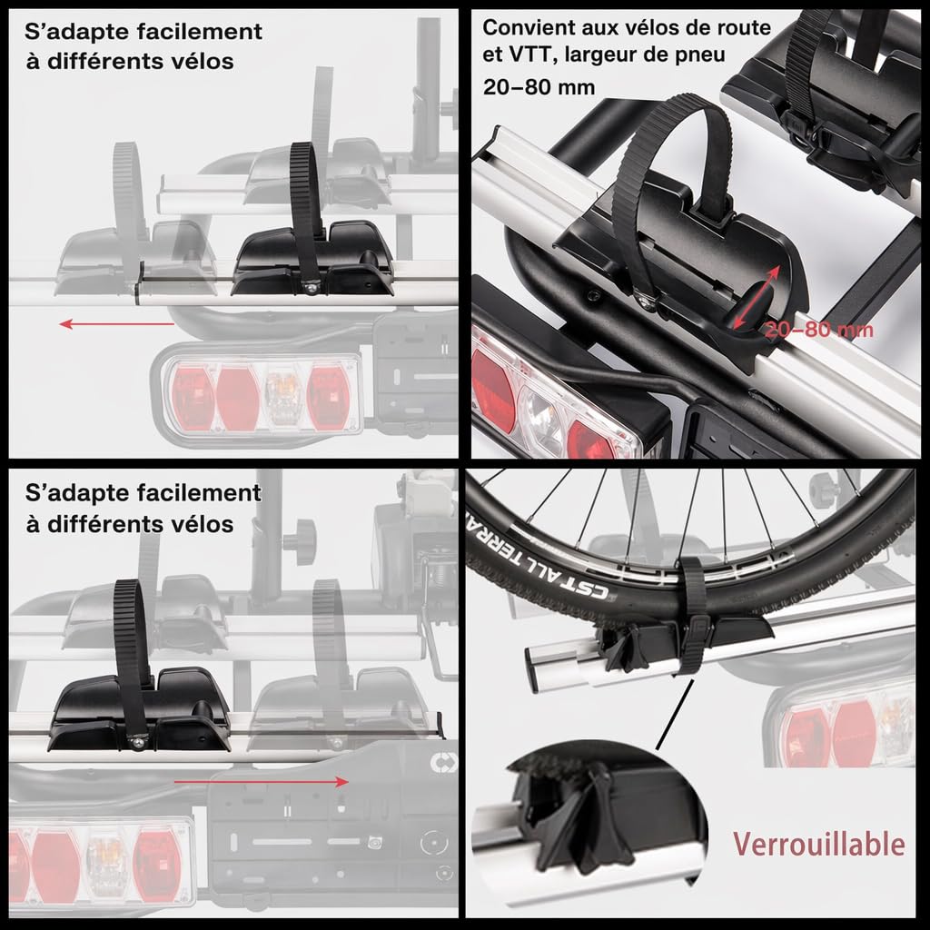 Porte-vélos d'attelage pour 2 vélos charge maximale 60 kg avec feu arrière support de plaque pliable