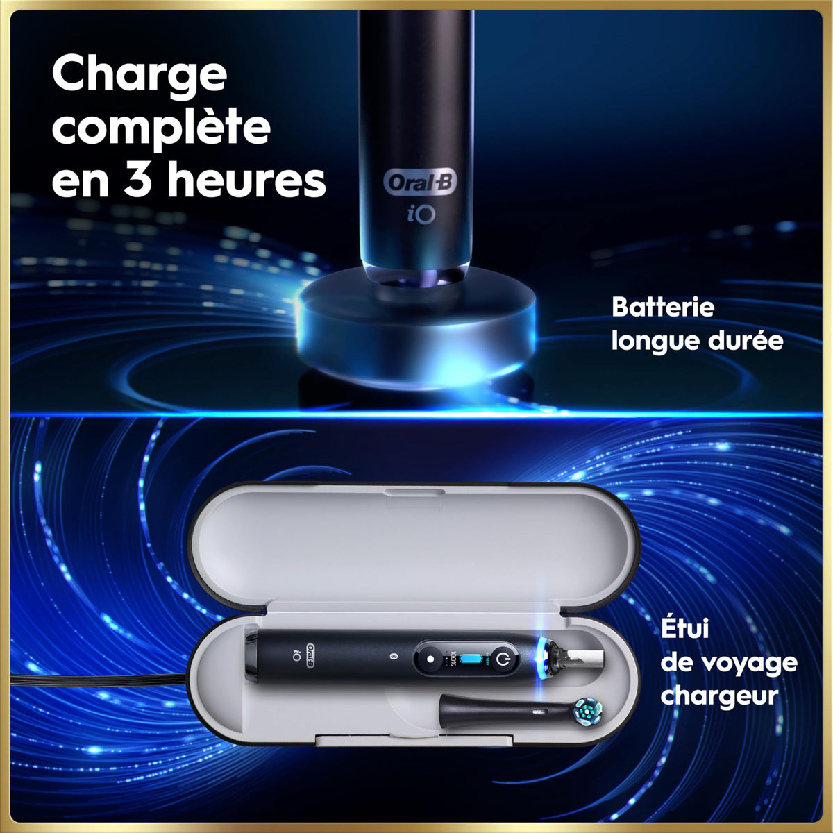 Brosse à dents électrique iO 9N rechargeable noire 7 modes capteur de pression 2 têtes étui de voyage chargeur