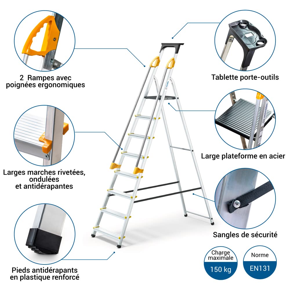 Escabeau Pliable 8 Marches DURAMP Aluminium Hauteur Plateforme 162 cm Charge 150 kg Rampes Porte-Outils Marches Antidérapantes