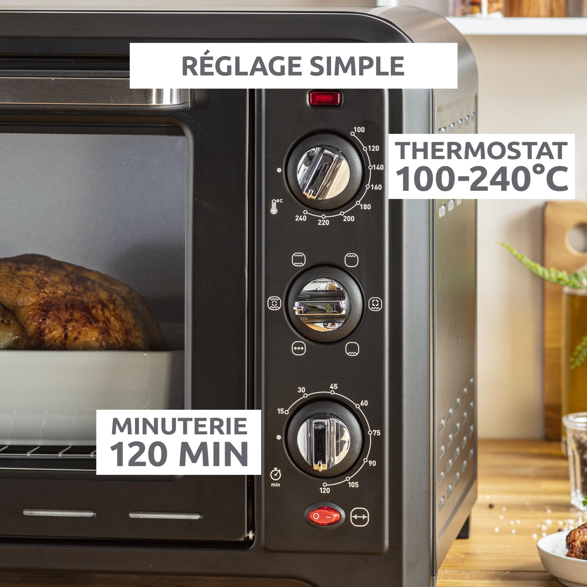 Four électrique Optimo OX495810 60 L 2200 W chaleur tournante 7 modes de cuisson avec tournebroche et 2 grilles