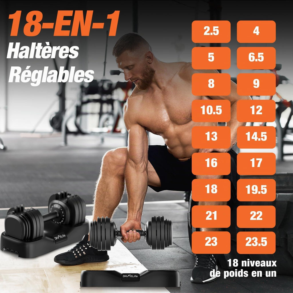 Haltères réglables 18 niveaux 2,5 à 25 kg 2 × 25 kg acier allié poignée antidérapante réglage à une main verrouillage automatique