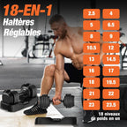 Haltères réglables 18 niveaux 2,5 à 25 kg 2 × 25 kg acier allié poignée antidérapante réglage à une main verrouillage automatique