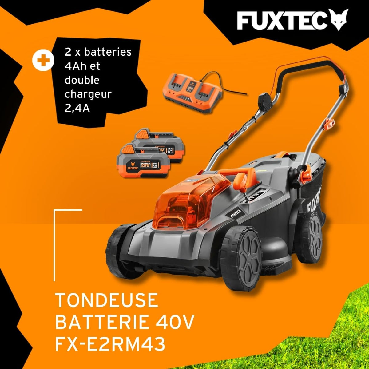 Tondeuse à gazon sans fil FX-E2RM43SET 40 V 43 cm bac de ramassage 40 L hauteur de coupe 25 à 75 mm 2 batteries 20 V