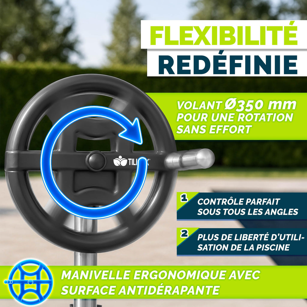 Enrouleur de bâche de piscine télescopique 3 à 5,70 m en aluminium avec 8 clips 8 sangles thermomètre et roues