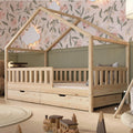 Lit Cabane Montessori Crazy House AM-05-16 90 x 190 cm Bois de Pin 2 Tiroirs Sommier à Lattes Barrière 120 kg Naturel