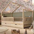 Lit Cabane Montessori Crazy House AM-05-16 90 x 190 cm Bois de Pin 2 Tiroirs Sommier à Lattes Barrière 120 kg Naturel