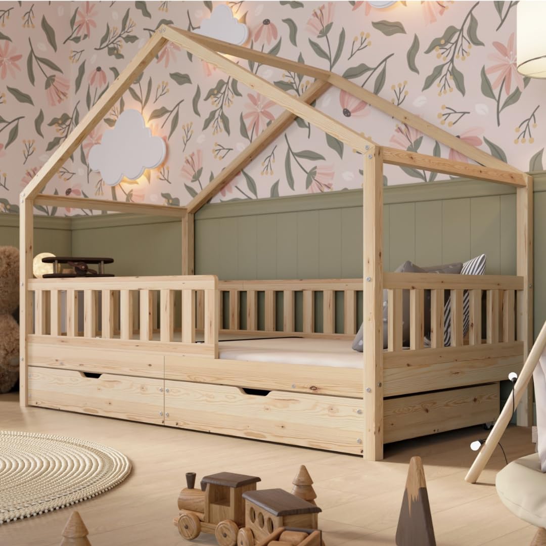 Lit Cabane Montessori Crazy House AM-05-16 90 x 190 cm Bois de Pin 2 Tiroirs Sommier à Lattes Barrière 120 kg Naturel
