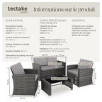 Salon de jardin en résine tressée 4 personnes avec canapé fauteuils table à plateau en verre coussins gris 404918-2