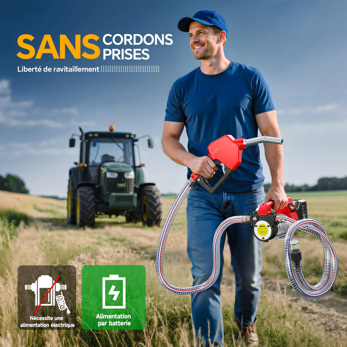 Pompe de transfert diesel sans fil 45 L/min 18 V batterie 4 Ah buse automatique tuyaux 2 m filtre pour gazole kérosène biodiesel