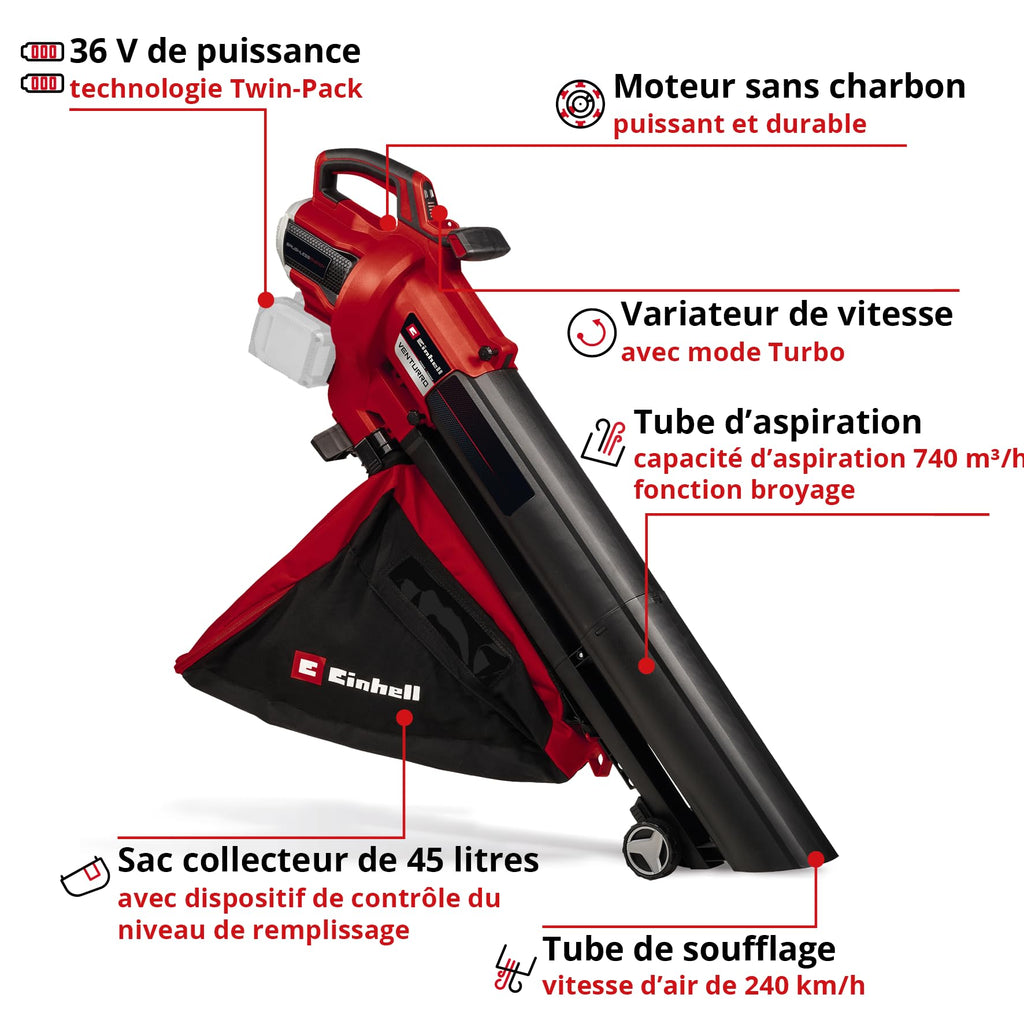 Aspirateur souffleur broyeur de feuilles sans fil VENTURRO 36/240 36 V aspiration 740 m³/h sac 45 L sans batterie