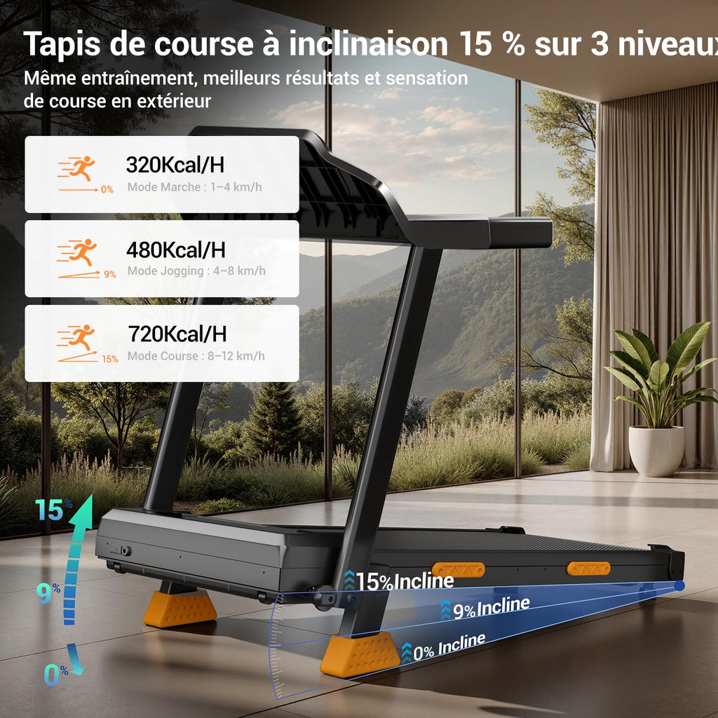 Tapis de course pliable inclinable 12 km/h 15 % 136 kg écran LED 12 programmes amortissement