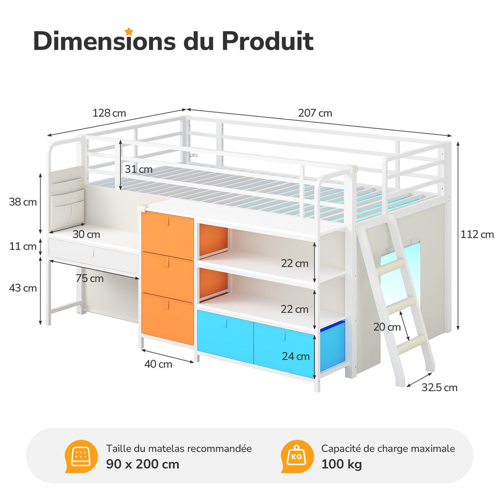 Lit mezzanine enfant 90x200 cm avec bureau intégré LLB-01 éclairage LED 5 rangements 3 étagères charge 100 kg
