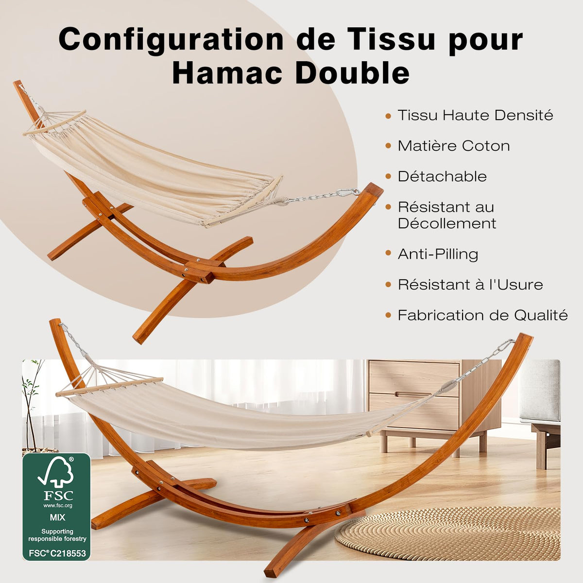 Hamac avec support en bois 320 x 120 cm 2 places charge 200 kg coton beige réglable en hauteur