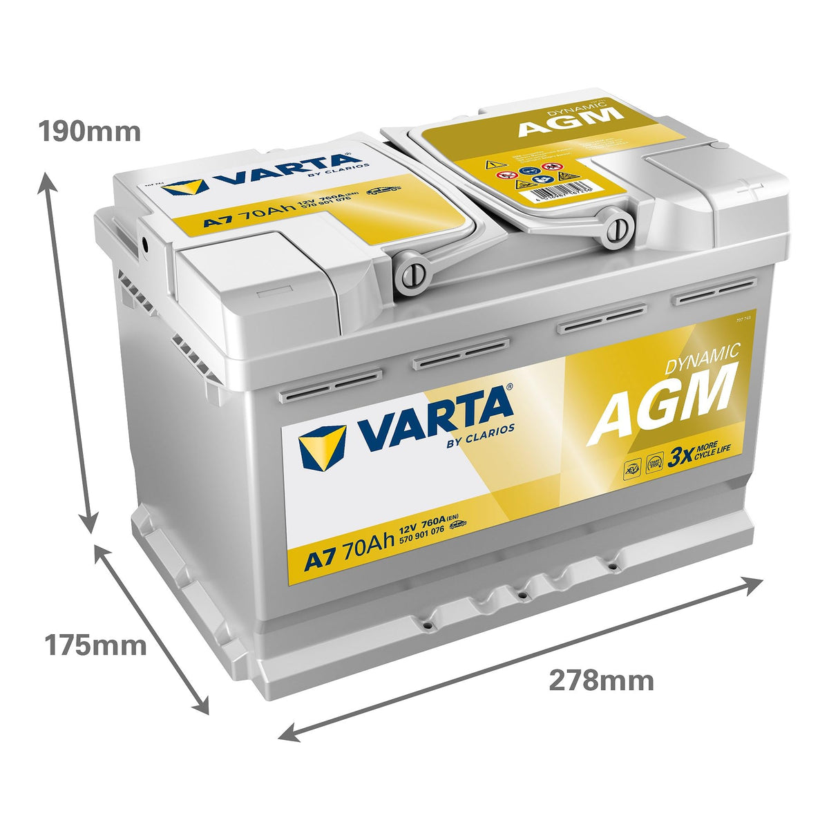 Batterie de Voiture 570 901 076 12 V 70 Ah 760 A EN Plomb Acide 278 x 175 x 190 mm Start Stop