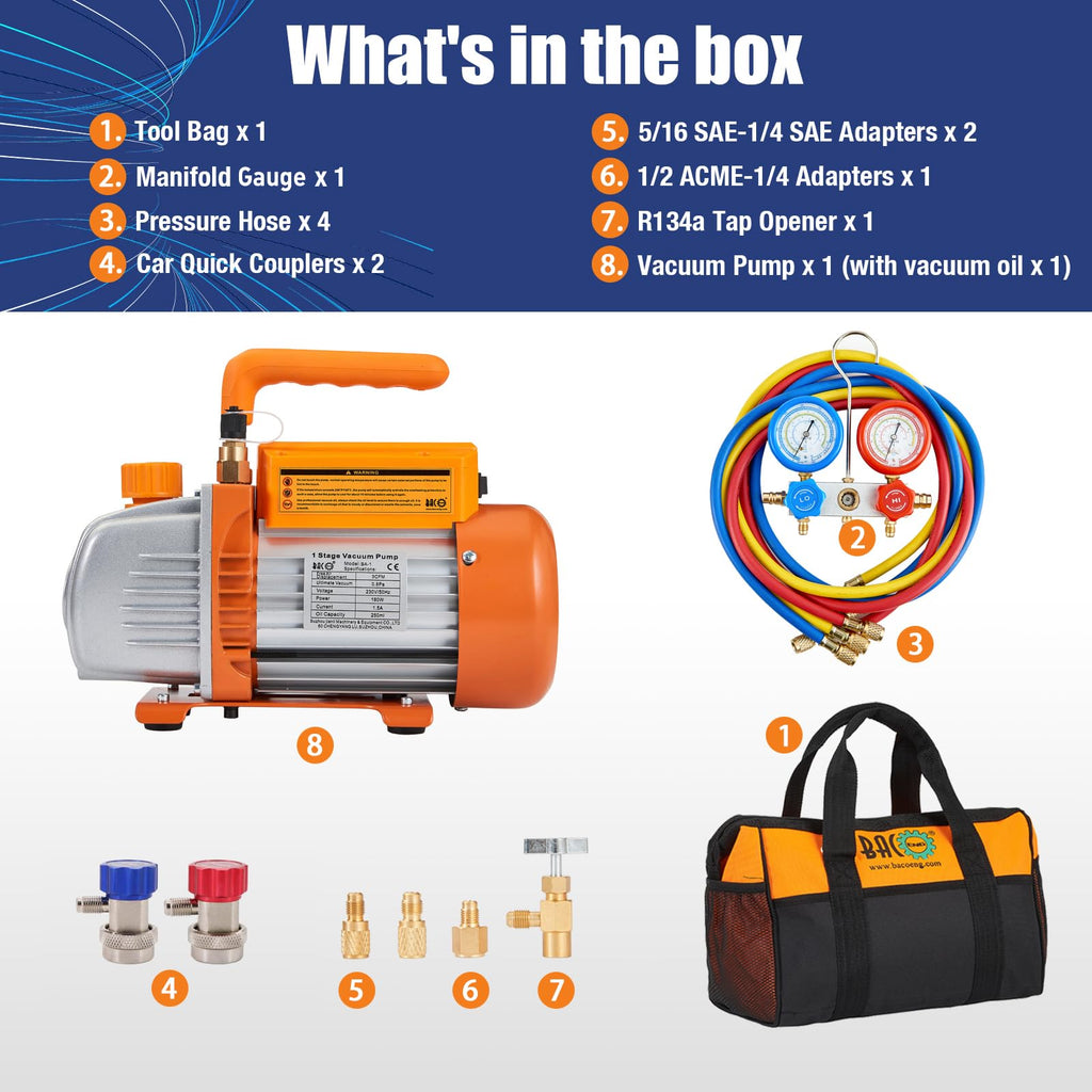 Kit Pompe à Vide Climatisation 3 CFM 180 W 0,8 Pa Manomètre R134A R410A R407C 3 Tuyaux 150 cm Raccords Adaptateurs