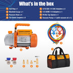 Kit Pompe à Vide Climatisation 3 CFM 180 W 0,8 Pa Manomètre R134A R410A R407C 3 Tuyaux 150 cm Raccords Adaptateurs