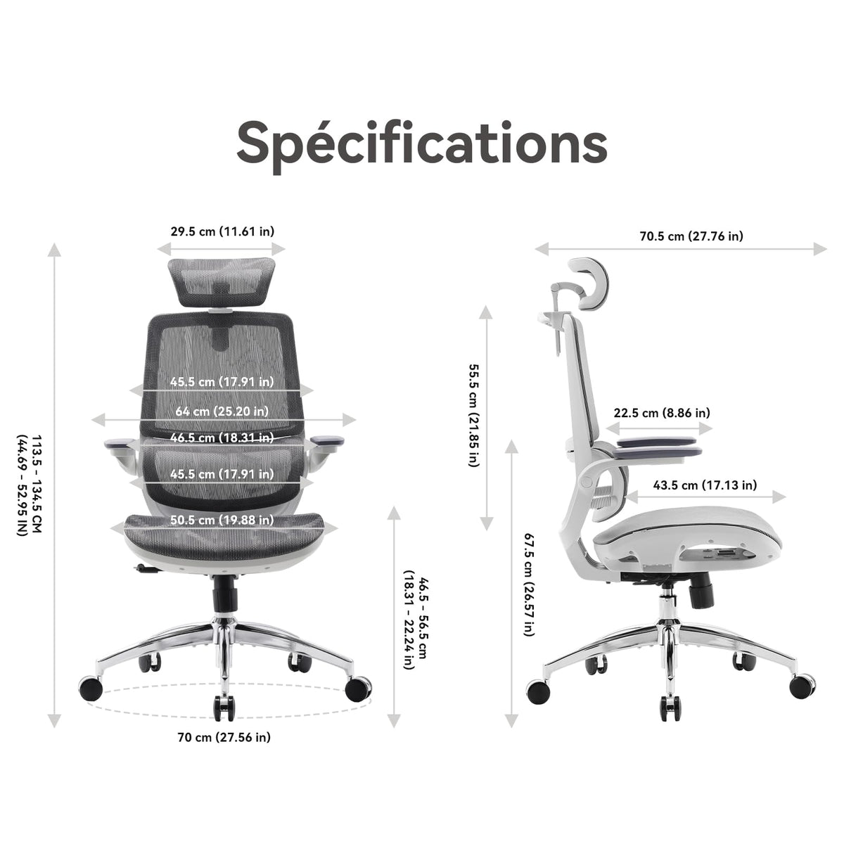 Chaise de bureau ergonomique M59AS à double dossier avec soutien lombaire adaptatif accoudoirs 3D et siège en maille