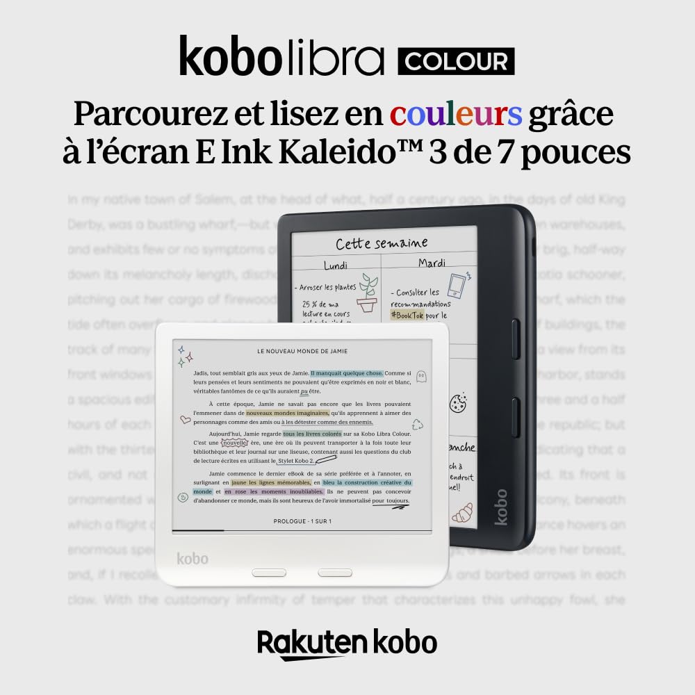 Liseuse eBook couleur Libra Colour 7"""" E Ink Kaleido 3 32 Go écran sans reflets mode sombre étanche livres audio blanc