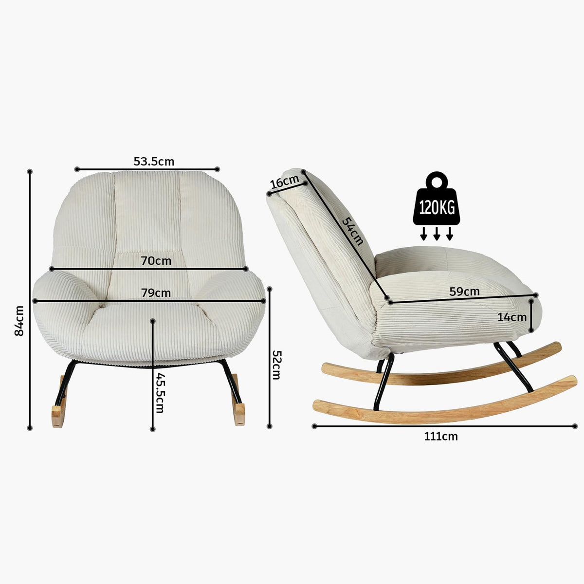 Fauteuil à bascule scandinave en velours côtelé beige 111 x 79 x 84 cm dossier haut accoudoirs ergonomiques charge 120 kg