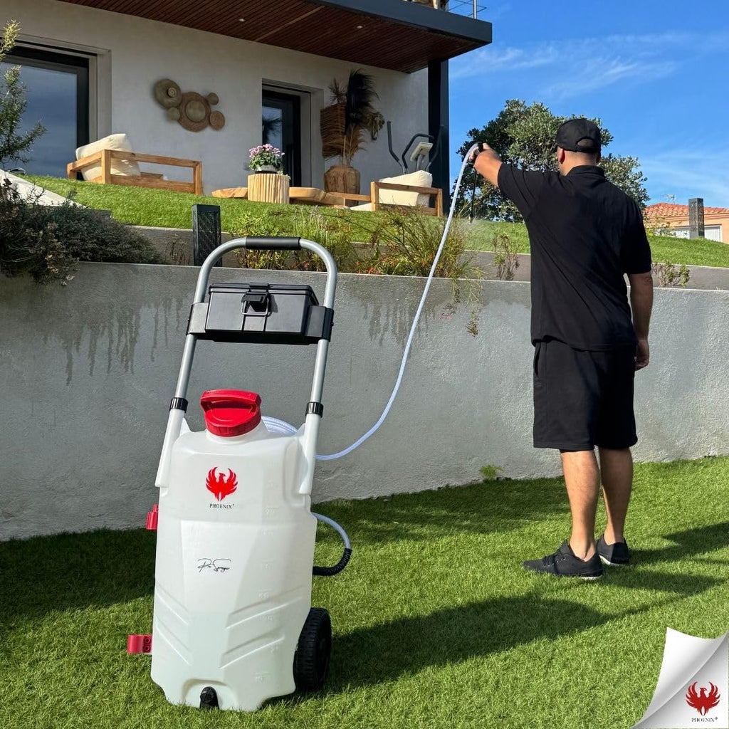 Pulvérisateur électrique Pro Sprayer Evo 35 L 7 bars 2 batteries 18 V tuyau 8 m 4 buses lance 40 cm sur chariot