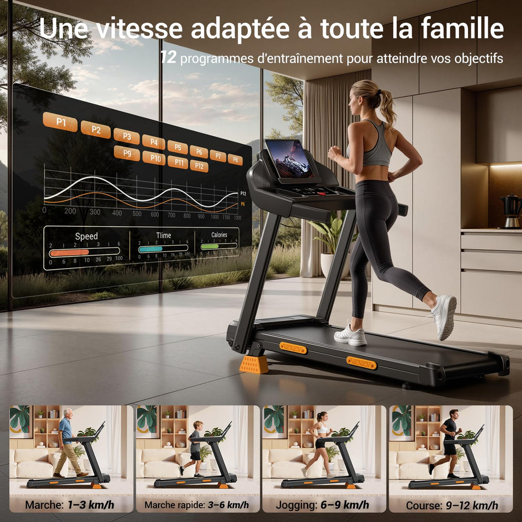 Tapis de course pliable inclinable 12 km/h 15 % 136 kg écran LED 12 programmes amortissement