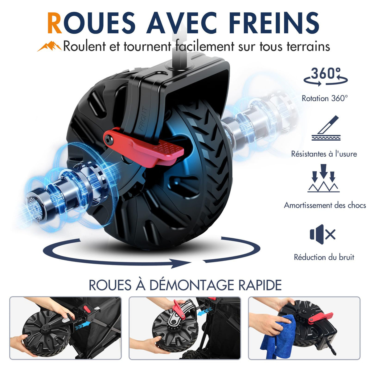 Chariot de transport pliable WFC-PR-TR-21727-1-BLK 200 L charge 150 kg roues tout terrain 20 cm poignée réglable
