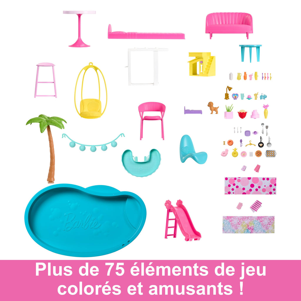 Maison de Poupée avec Accessoires HMX10 79 Pièces 10 Espaces de Jeu Toboggan 3 Étages et Piscine