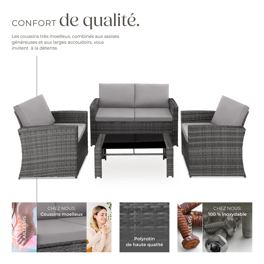 Salon de jardin en résine tressée 4 personnes avec canapé fauteuils table à plateau en verre coussins gris 404918-2