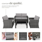 Salon de jardin en résine tressée 4 personnes avec canapé fauteuils table à plateau en verre coussins gris 404918-2