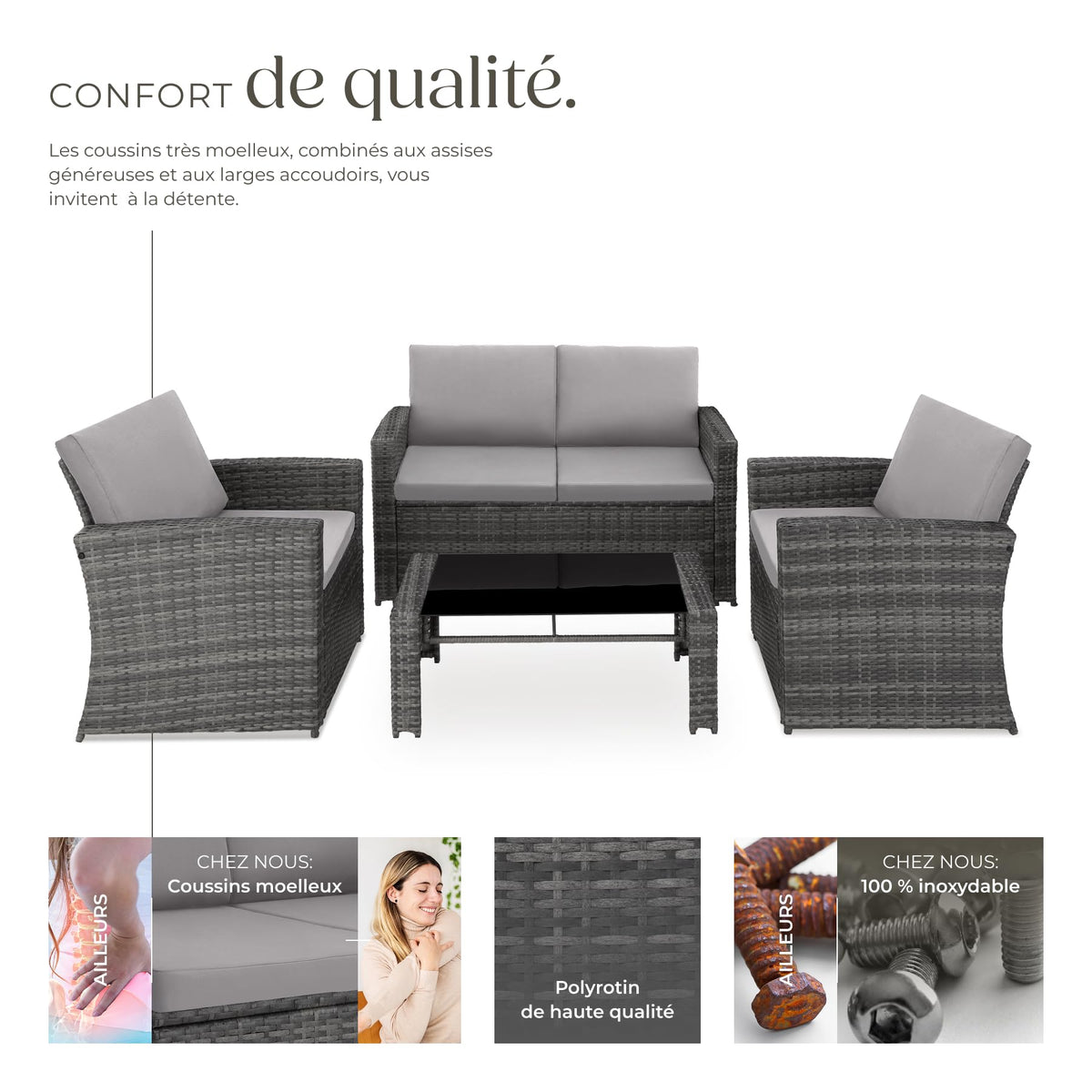 Salon de jardin en résine tressée 4 personnes avec canapé fauteuils table à plateau en verre coussins gris 404918-2